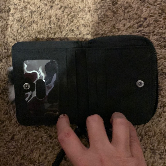 Black pleather zip/snap small wristlet with fuzzy checkered flag on front - Picture 4 of 5